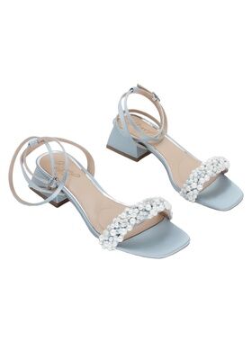 Jewel Badgley Mischka Payton Mist Satin Pearl Strap Block Heel Sandals Size 6.5M